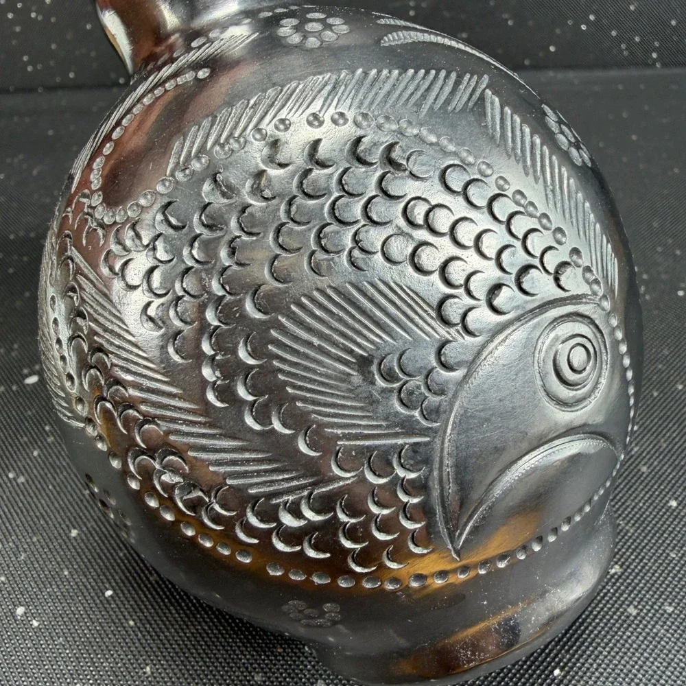 Dona Rosa Barro Negro Black Clay Fish Vase Oaxacan Mexican Folk Art 7in Vintage